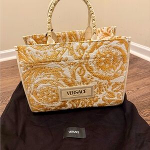 Versace Large Athena Jacquard Raffia Gold and White Tote Bag